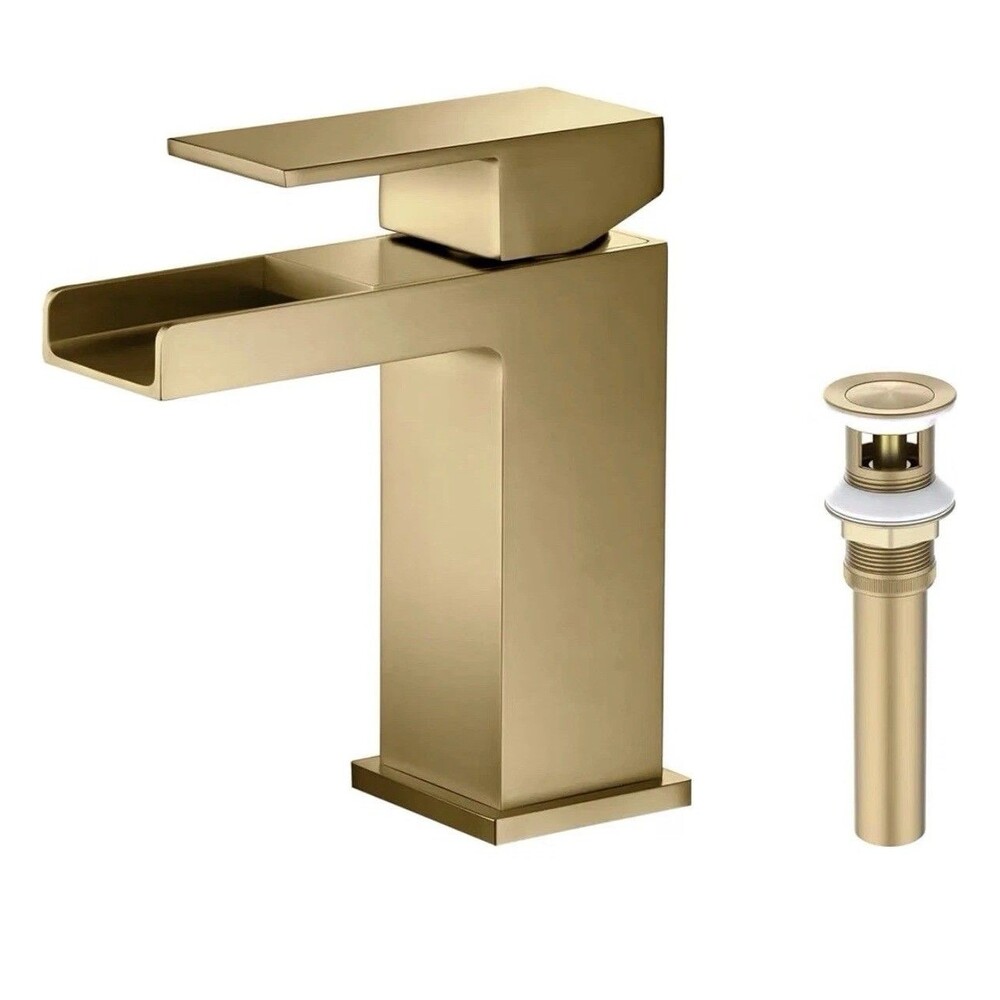 Waterfall Bathroom Faucet Brushed Brass Single Handle Sink Tap Pop Up Drain